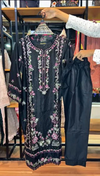 Pakistani Original Hayat’s Embroidered Stitched Cotton 3Pcs _ Black 